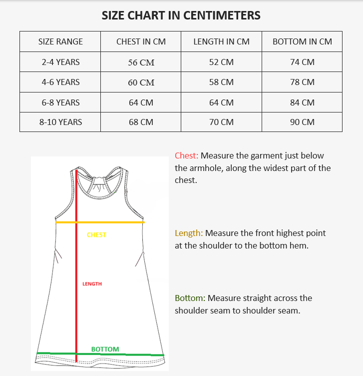 Girls Fruit Printed Regular Fit T-shirt Dress - AOP Size Chart