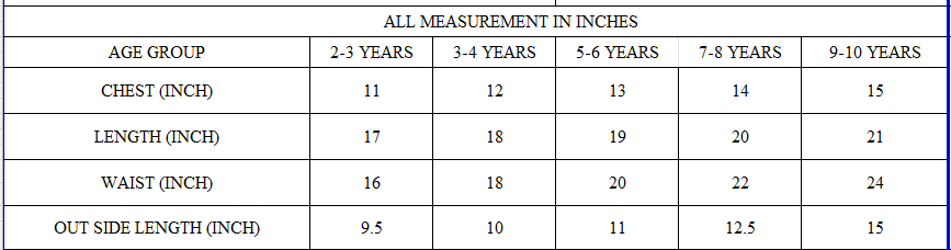 Pizza Co sets Size Chart